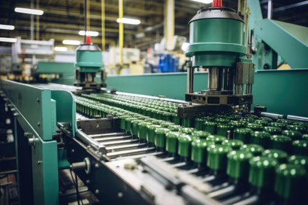 well-organized production line with automated machinery and workers carefully overseeing the production process. Bullets or shells move along the conveyor, undergoing various stages of manufacturing, including casing, filling, and packaging.の素材