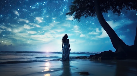 A girl in a dress stands on a sandy beach near the sea on a starry nightの素材