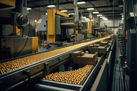 well-organized production line with automated machinery and workers carefully overseeing the production process. Bullets or shells move along the conveyor, undergoing various stages of manufacturing, including casing, filling, and packaging.の素材