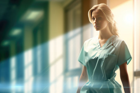 Waist up portrait of young female doctor while standing in reception area of modern clinic, Gnerative AIの素材