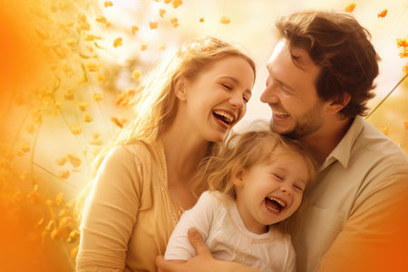 Portrait Of Happy Parents Posing With Their Little Daughter At Home Gnerative AIの素材