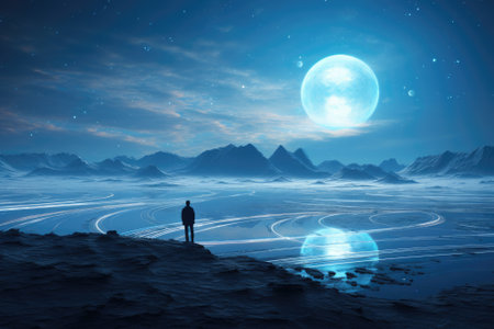 A man stands on the surface of an alien planet and looks at a circle of neon. Silhouette against the backdrop of a fantastic landscape.の素材
