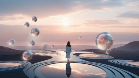 A man stands on the surface of an alien planet and looks at a circle of neon. Silhouette against the backdrop of a fantastic landscape.の素材