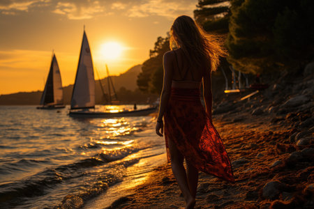 Windsurfer girl is getting ready for an exciting windsurfing session. With the sun shining in the background, she carefully prepares her windsurfing board for a thrilling ride on the sparkling water.の素材