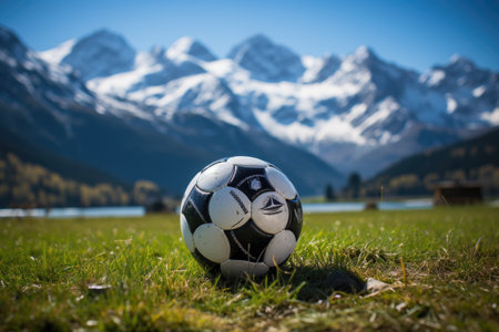 An exhilarating game of football taking place in an unusual and beautiful location. The football field is surrounded by majestic mountains, and sparks of sunlight reflect off the green grass.の素材
