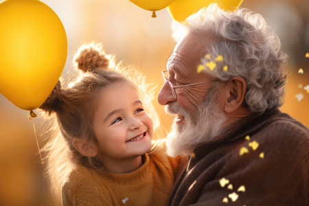 Cute little girl covering eyes with hands of her smiling senior grandfather while playing and having fun together at home, small happy child spending time with positive active grandpaの素材