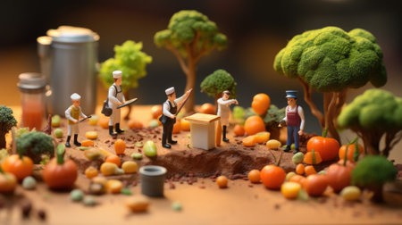 Miniature workers make food. Gnerative AIの素材
