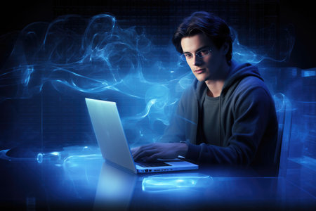Program development concept. Portrait of a programmer in the modern computer world Gnerative AIの素材
