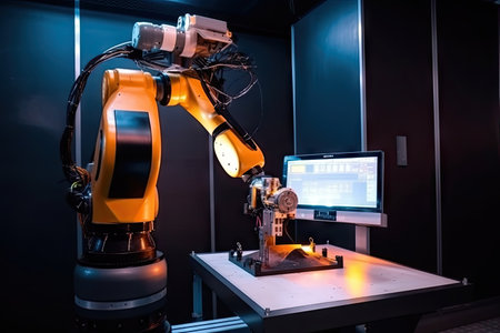 The image captures the intricate design and advanced capabilities of the machinery, emphasizing the role of Generative AI in enhancing precision and efficiency in material manipulation processes.の素材