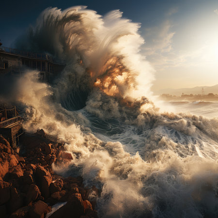 Magnitude and force as colossal waves rise and surge, creating a scene of chaos and destruction. The photograph showcases the intensity of the ocean's fury, with towering walls of water engulfing everything in their path.の素材