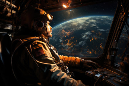 In this bright and awe-inspiring photograph, we witness the future of travel - space tourism. The image depicts a space tourist gazing in wonder at the Earth from the window of a spacecraft, surrounded by the infinite beauty of the cosmos.の素材