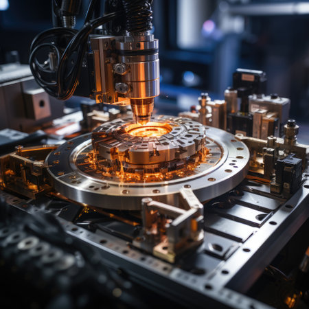 Laser machine in action, precisely cutting and shaping intricate parts with incredible accuracy. The intense beam of light creates a mesmerizing visual spectacle, illuminating the metallic surface and revealing intricate details.の素材