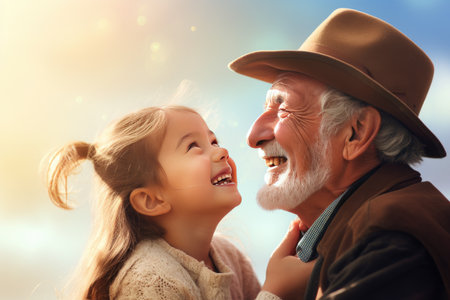 Cute little girl covering eyes with hands of her smiling senior grandfather while playing and having fun together at home, small happy child spending time with positive active grandpaの素材