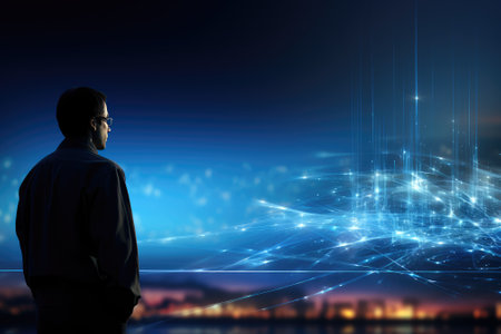 Program development concept. Portrait of a programmer in the modern computer world Gnerative AIの素材