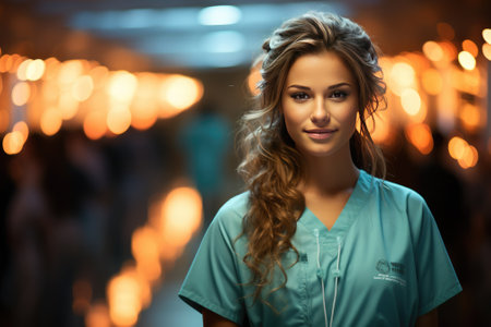 Waist up portrait of young female doctor while standing in reception area of modern clinic, Gnerative AIの素材