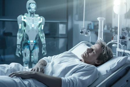 A photograph of a patient lying in a hospital bed, surrounded by robots, with a team of doctors and nurses caring for them. Generative AIの素材