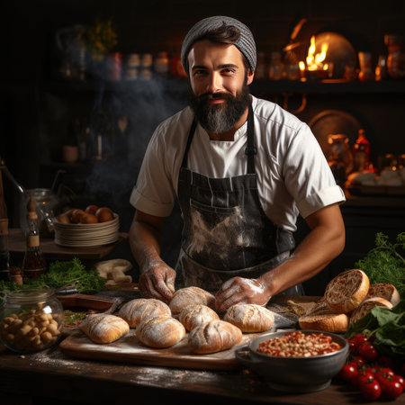 Whole grain bread put on kitchen wood plate with a chef holding gold knife for cut. Fresh bread on table close-up. Gnerative AIの素材