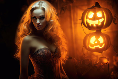 Halloween Pumpkins On Wood In A Spooky Forest At Night Gnerative AIの素材