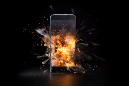 Depicting the serious issue of overheating and battery fires in mobile devices. Despite its serene appearance, the image reminds us of the challenges associated with smartphone battery safety.の素材