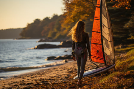 Windsurfer girl is getting ready for an exciting windsurfing session. With the sun shining in the background, she carefully prepares her windsurfing board for a thrilling ride on the sparkling water.の素材