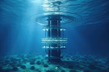Futuristic environmentally friendly power plant of the future in the ocean, Revolutionizing Water Energy Systems with Full Automation. Efficiency and Comfort of Fully Automated Modern Water Energy Systemsの素材