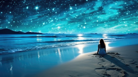 A girl in a dress sits on a sandy beach near the sea on the bright sunriseの素材