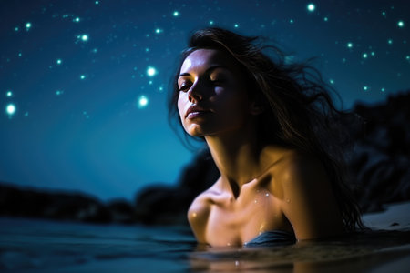 Girl with loose hair in sea water waves on a starry nightの素材