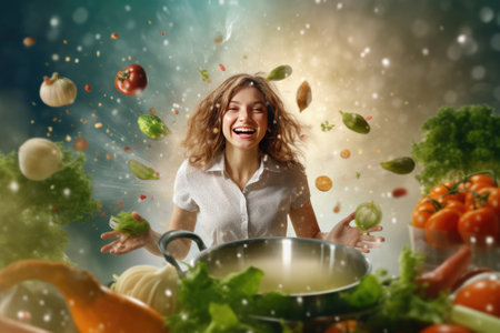 Happy smiling cute woman is preparing a fresh healthy vegan salad with many vegetables in the kitchen, Gnerative AIの素材