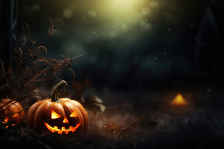 Halloween Pumpkins On Wood In A Spooky Forest At Night Gnerative AIの素材