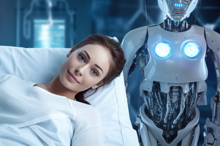 A photograph of a patient lying in a hospital bed, surrounded by robots, with a team of doctors and nurses caring for them. Generative AIの素材