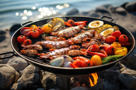 Fried salmon steak with potatoes and vegetables on wooden tableの素材