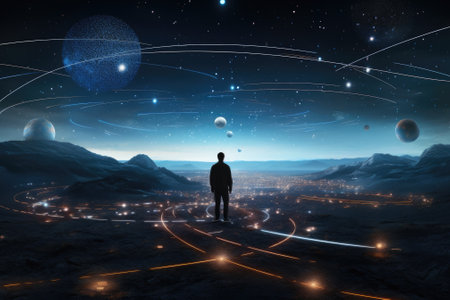 A man stands on the surface of an alien planet and looks at a circle of neon. Silhouette against the backdrop of a fantastic landscape.の素材