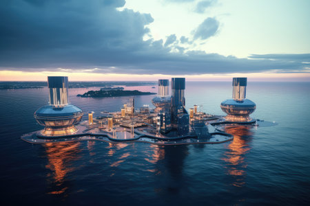 Futuristic environmentally friendly power plant of the future in the ocean, Revolutionizing Water Energy Systems with Full Automation. Efficiency and Comfort of Fully Automated Modern Water Energy Systemsの素材