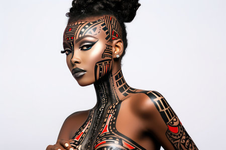 Portrait of a beautiful African woman with unusual body art with black skin and colored eyes and lips on a dark background. The concept of hidden feelings and desires. advertising poster. Generative AIの素材