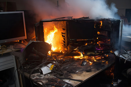 Smoke and flames emanating from within the system unit. The image captures the intensity of the situation, showcasing the hazards of overworked hardware and potential system failure.の素材