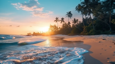Tropical ocean beach with palm trees, Gnerative AIの素材