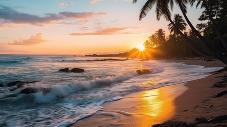 Tropical ocean beach with palm trees, Gnerative AIの素材