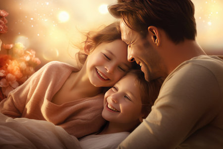 Portrait Of Happy Parents Posing With Their Little Daughter At Home Gnerative AIの素材