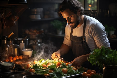 cooking, culinary and people concept - happy smiling male chef in toque and jacket over gray backgroundの素材