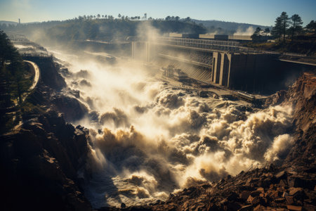 Overwhelming power of the surging waters as they overflow their banks and inundate surrounding areas. Bathed in vibrant and vivid hues, the photograph evokes a sense of urgency and danger, showcasing the destructive force of the floods and their impact on the surrounding landscapes and communities.の素材
