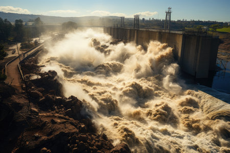 Overwhelming power of the surging waters as they overflow their banks and inundate surrounding areas. Bathed in vibrant and vivid hues, the photograph evokes a sense of urgency and danger, showcasing the destructive force of the floods and their impact on the surrounding landscapes and communities.の素材