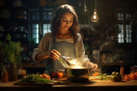 Happy smiling cute woman is preparing a fresh healthy vegan salad with many vegetables in the kitchen, Gnerative AIの素材