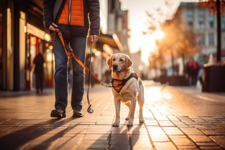 The guide dog, with a calm and focused demeanor, leads the blind person confidently, providing guidance and support.の素材