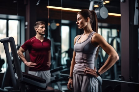 Shot of a muscular young woman in sportswear working out with personal trainer at the gym.の素材