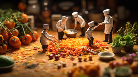 Miniature workers make food. Gnerative AIの素材