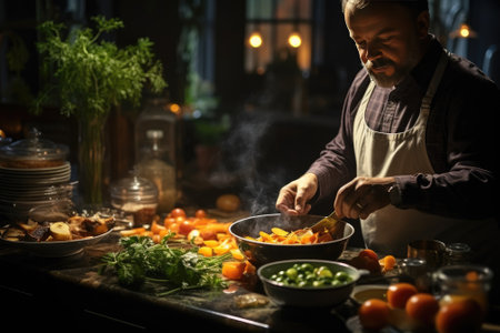 cooking, culinary and people concept - happy smiling male chef in toque and jacket over gray backgroundの素材