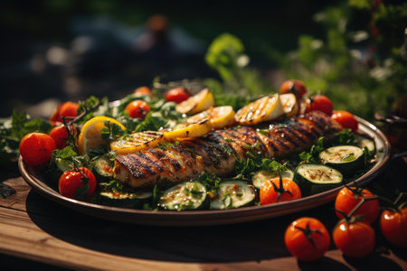 Fried salmon steak with potatoes and vegetables on wooden tableの素材
