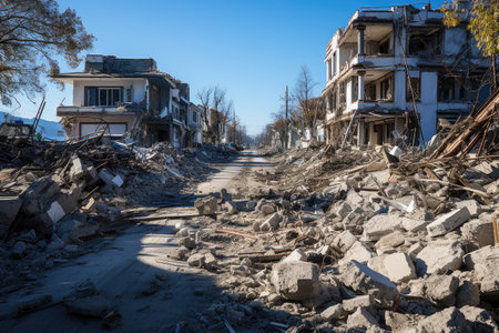 Consequences of seismic activity are visible, revealing collapsed buildings, cracked infrastructure, and scattered debris across the landscape. The photograph conveys a sense of both awe and destruction, highlighting the raw power of earthquakes and their ability to reshape the physical world.の素材