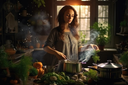 Happy smiling cute woman is preparing a fresh healthy vegan salad with many vegetables in the kitchen, Gnerative AIの素材