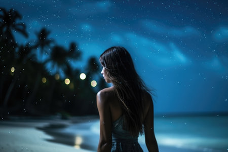 A girl in a swimsuit sits on a sandy beach near the sea in the starry nightの素材